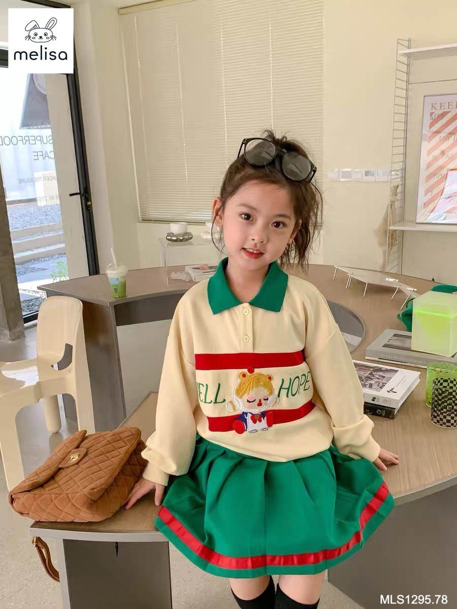 Set da cá Melisa áo kem phối xanh lá Well Hope + chân váy xanh lá size 2 - 12y