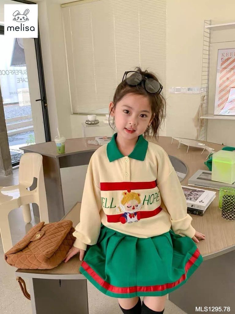 Set da cá Melisa áo kem phối xanh lá Well Hope + chân váy xanh lá size 2 - 12y