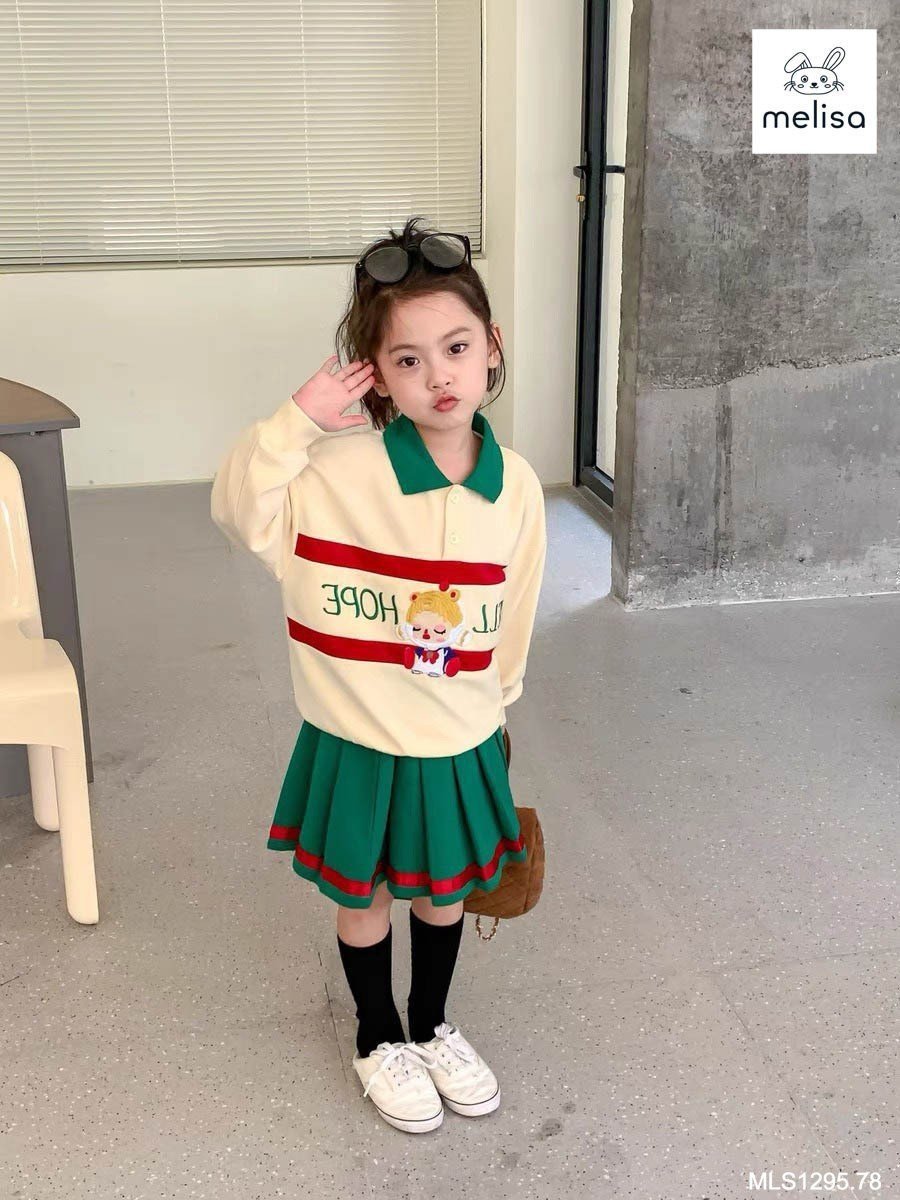 Set da cá Melisa áo kem phối xanh lá Well Hope + chân váy xanh lá size 2 - 12y
