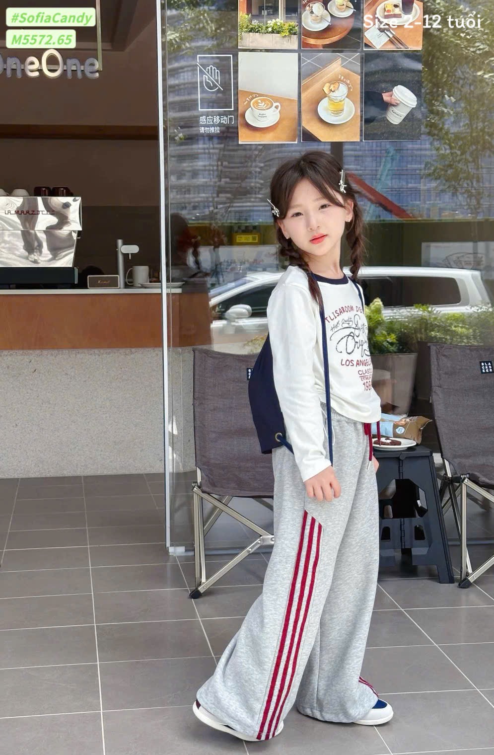 M5572 - Set Mia Kids áo thun trắng Originals - quần nỉ ghi sọc đỏ size 2 - 12y