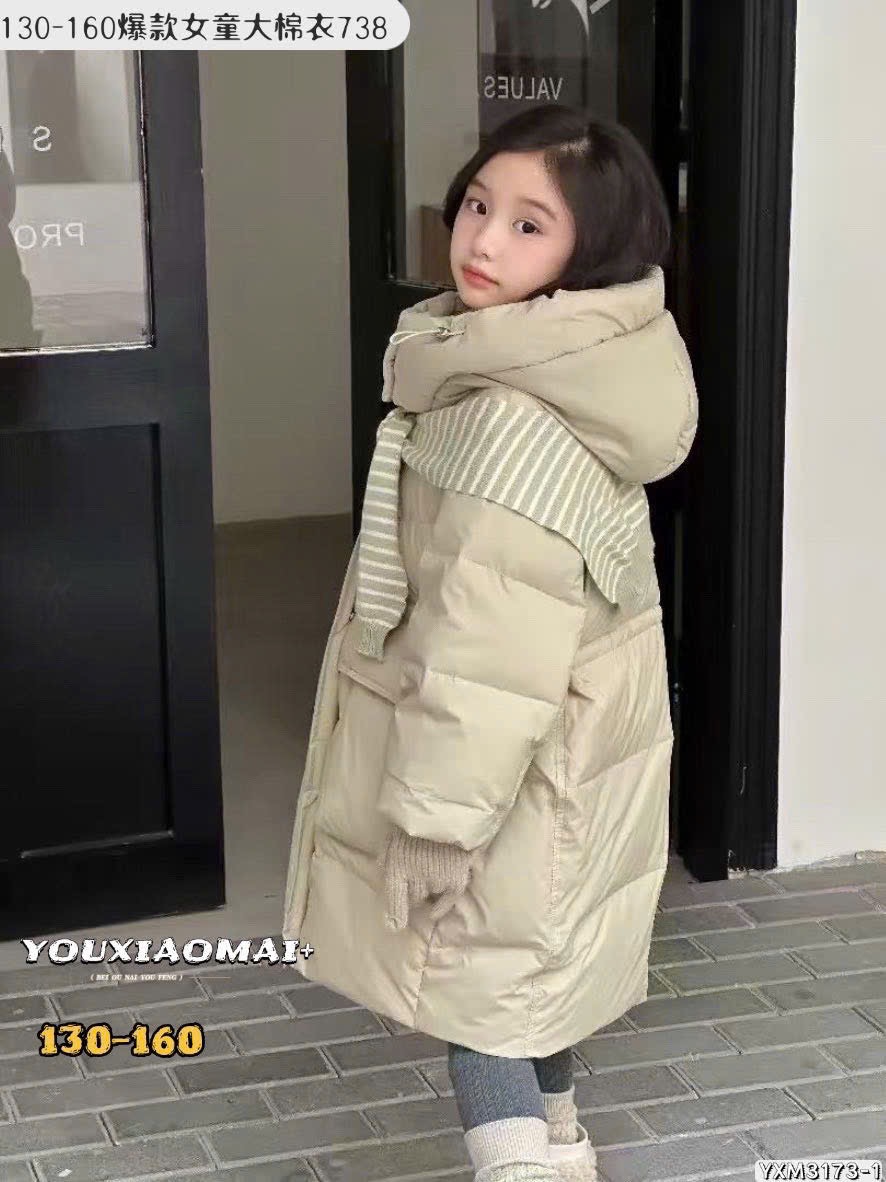 Áo khoác phao dáng dài lót nỉ kèm khăn nhiều màu cho bé size 130-160