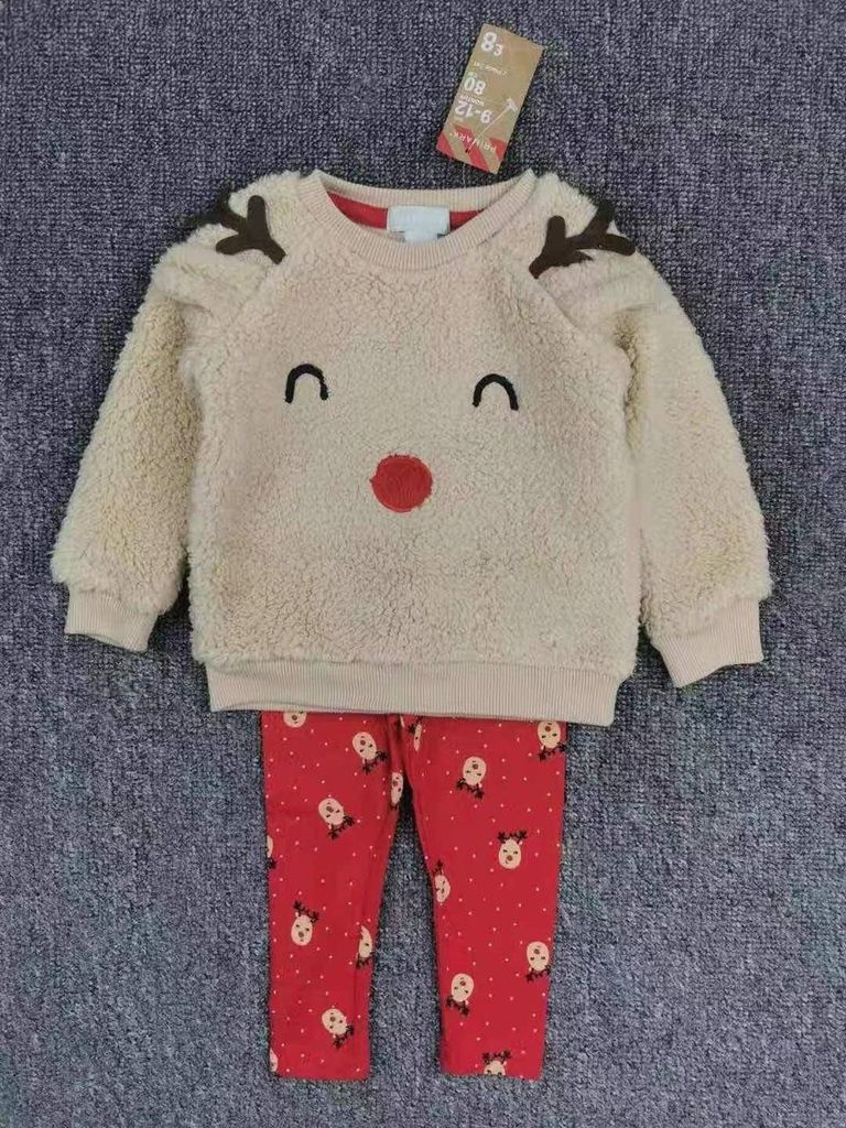 Bộ Primark tuần lộc áo lông nâu be + legging đỏ