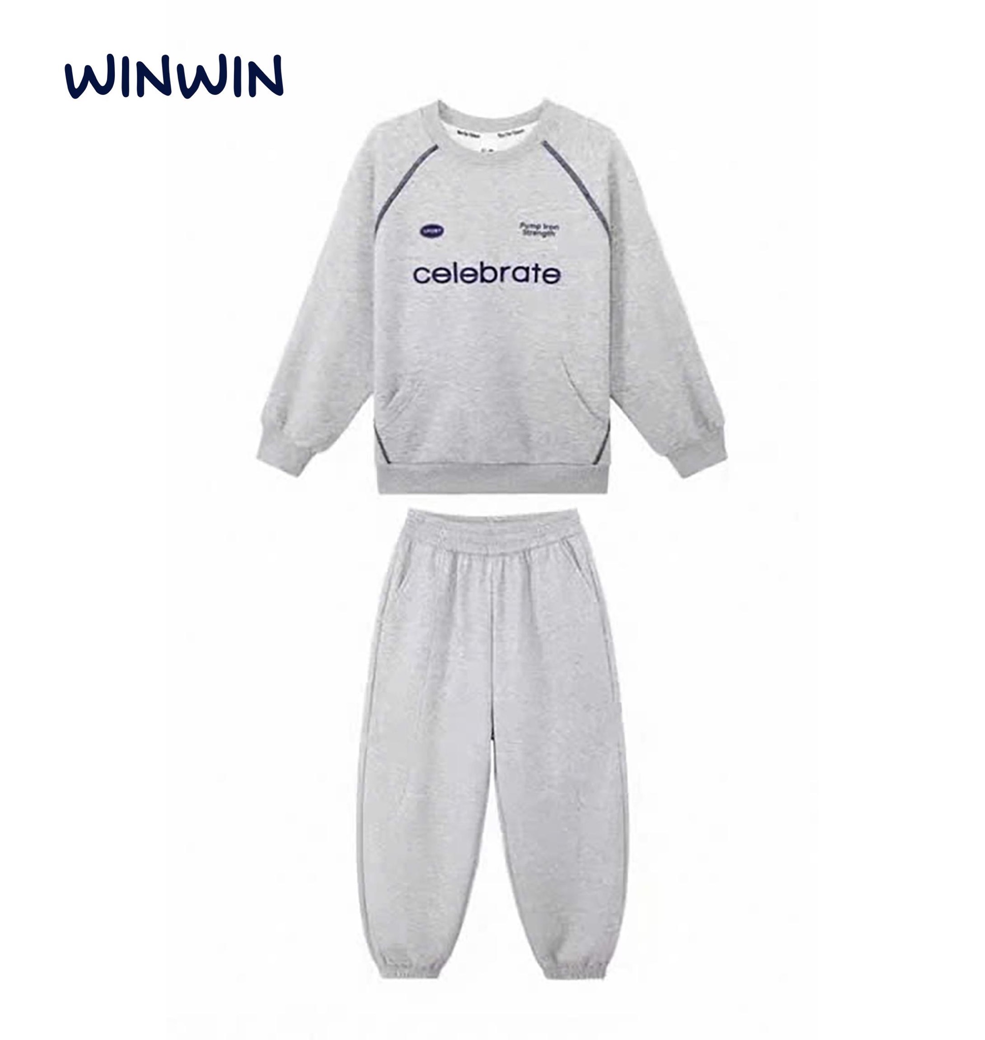 Bộ nỉ da cá Win Win Celebrate 2 màu ghi/navy bé trai size 9-14y
