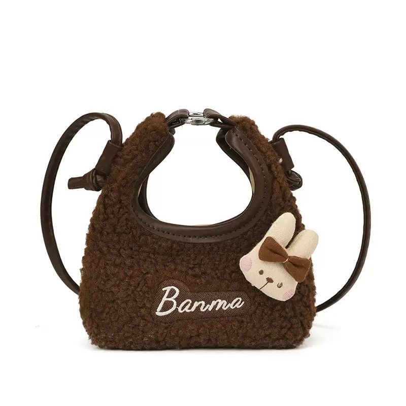 Túi xách lông cùn mini hình bán nguyệt đính thỏ cho bé