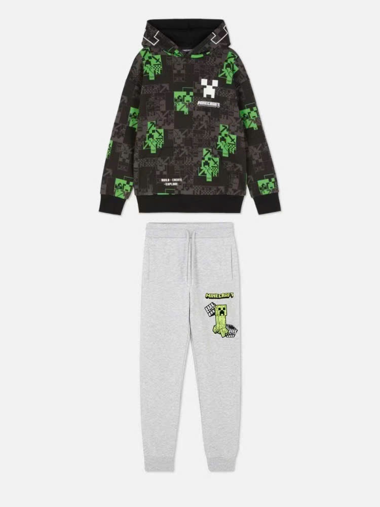 Bộ nỉ MineCraft áo hoodie in tràn - quần ghi size 6 - 15y