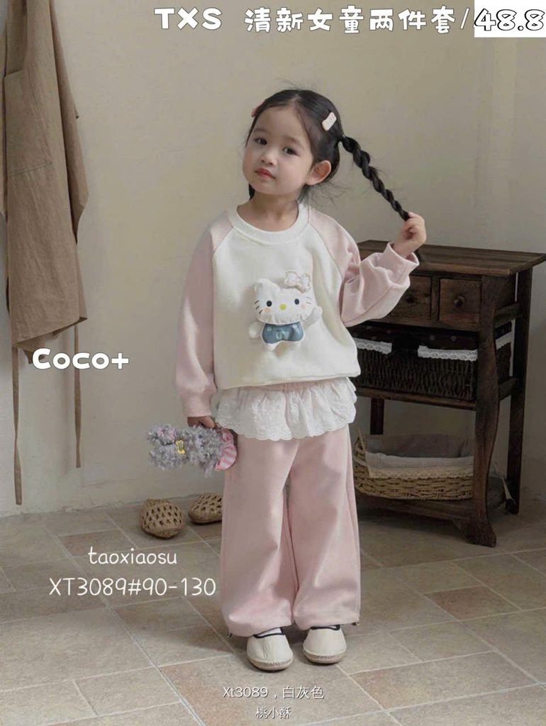 X3089 - Bộ nỉ QC Hello Kitty nhiều màu cho bé gái size 90-130
