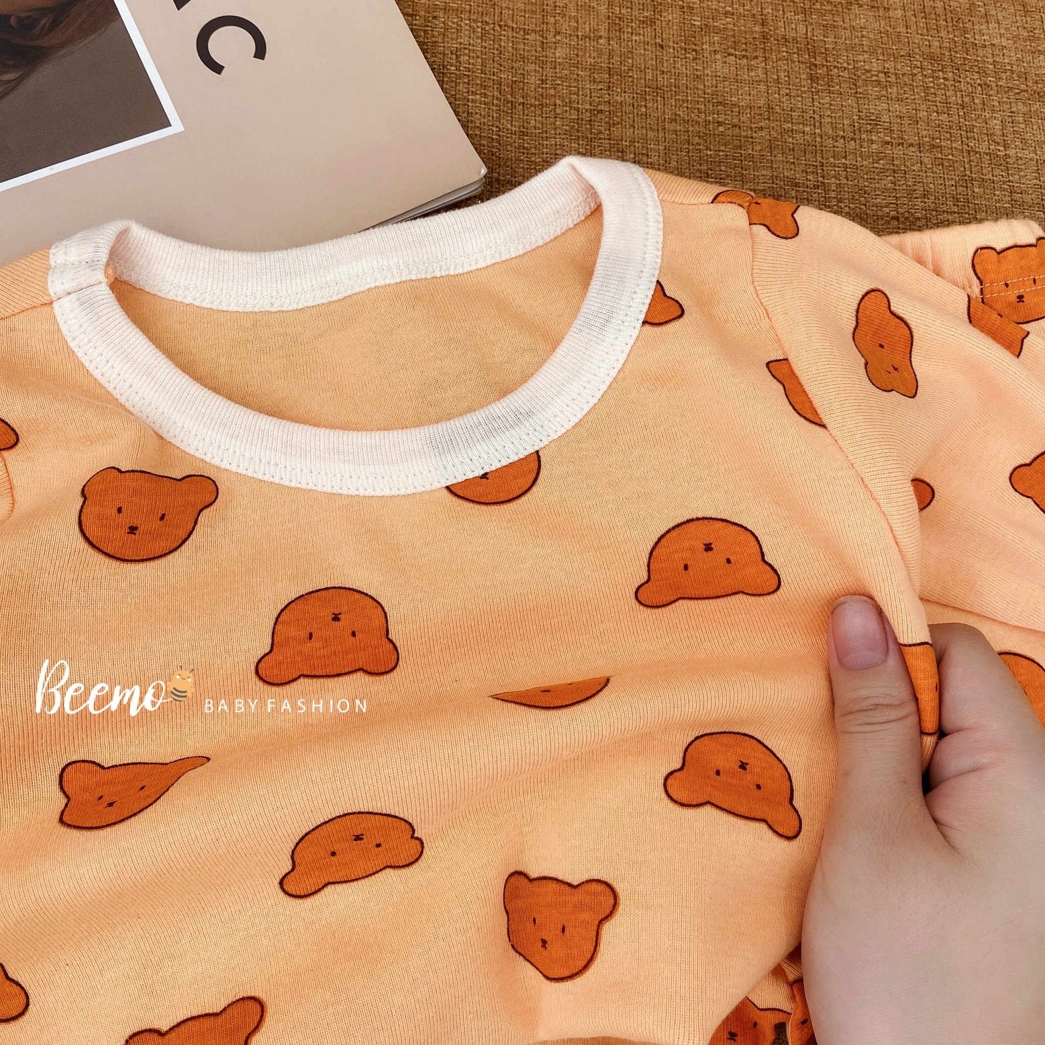 Bộ cotton Beemo hình mặt gấu in tràn 3 màu size 80 - 130