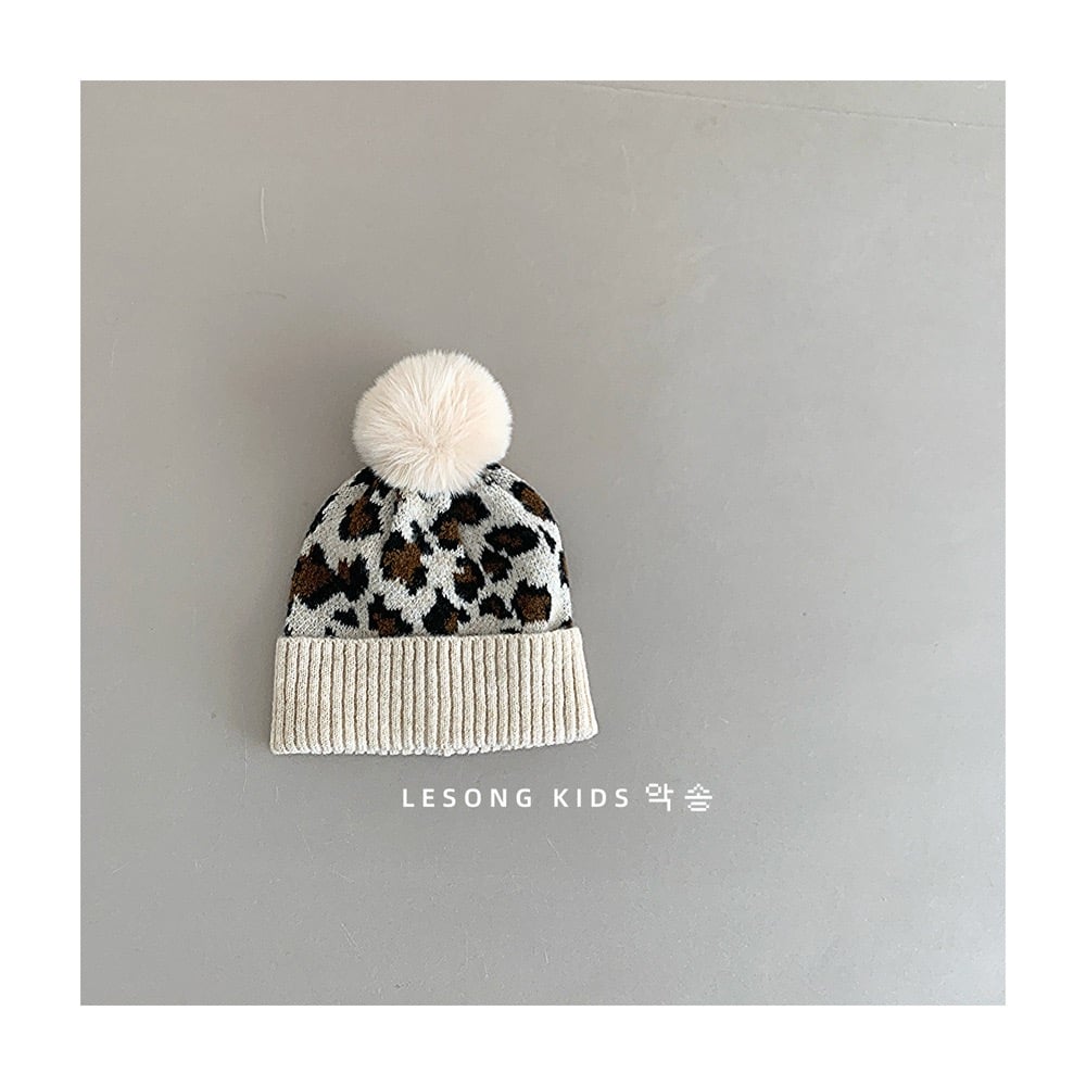 Mũ len cục lông hoạ tiết da báo nhiều màu cho bé gái size 4-8y