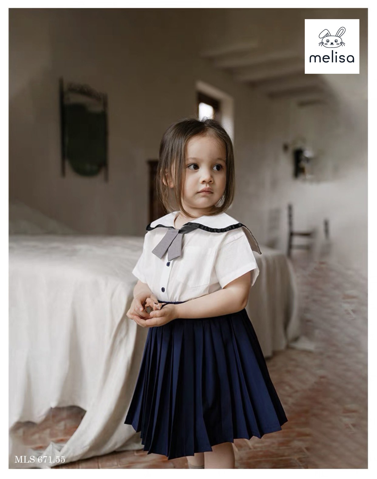Set thô Melisa áo trắng kèm cavat - chân váy liền quần màu navy size 2 - 11y