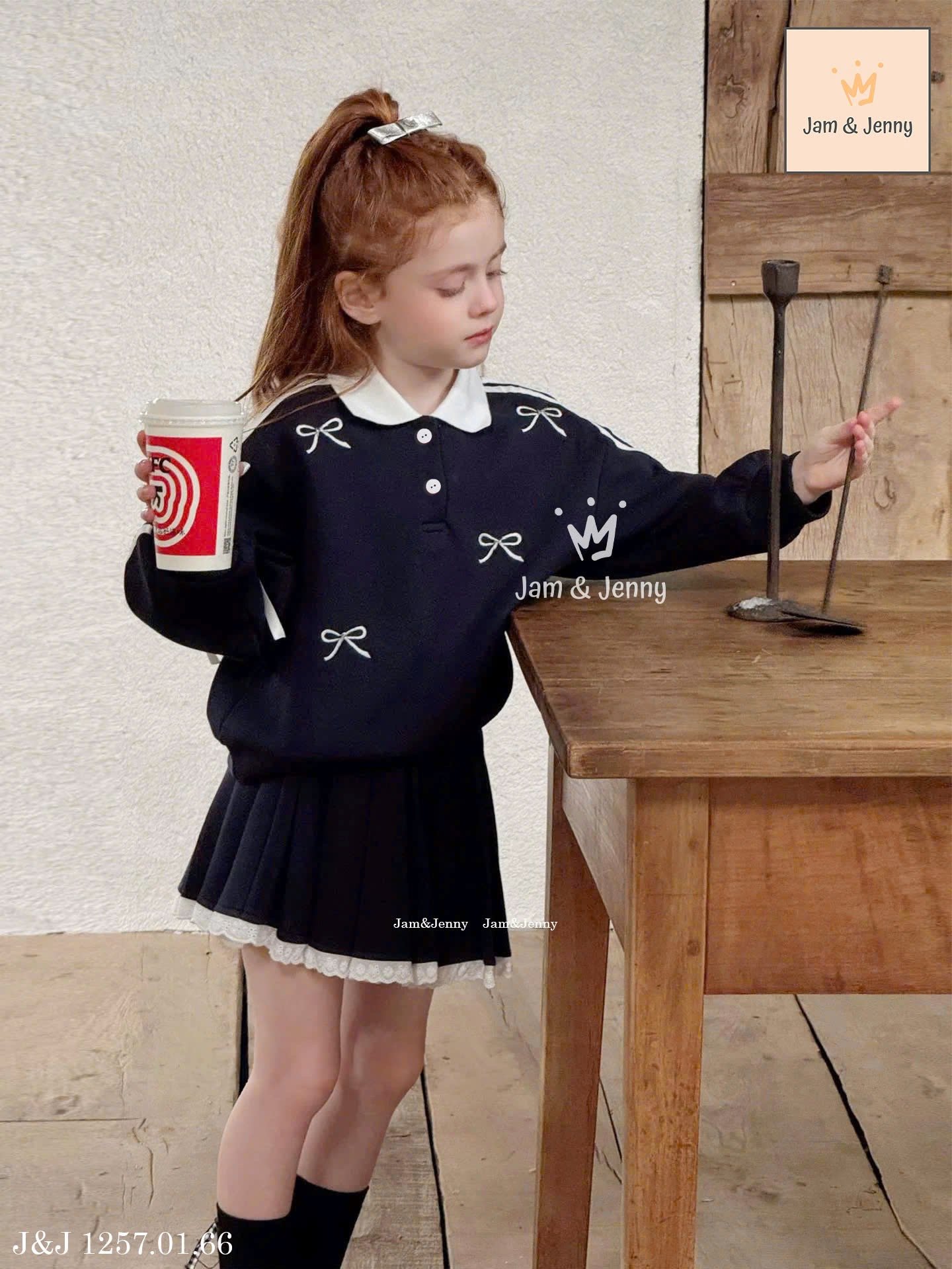 JJ 1257 - Set bộ nỉ da cá Jam & Jenny đính 1 bên nơ màu navy/ghi bé gái size 2-12y