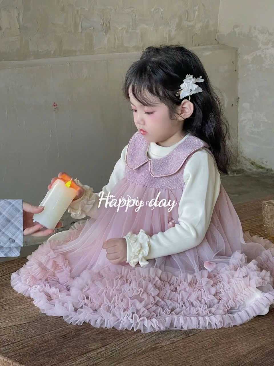 B25067 - Set áo len + váy công chúa đính tim màu hồng cho bé size 90-130