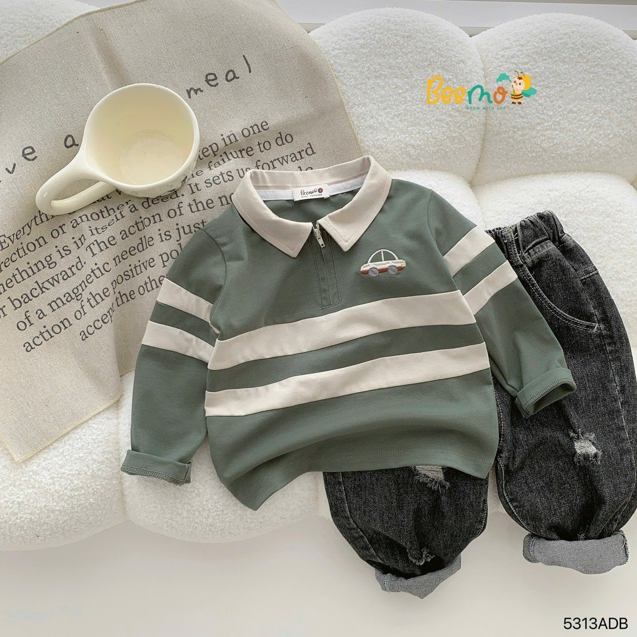 Áo polo cổ đức Beemo thêu ô tô 2 màu cho bé trai size 1-6y