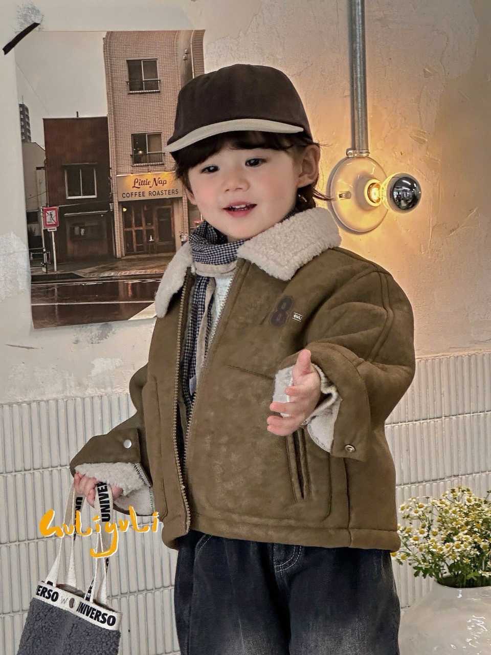 63547 - Áo khoác da cổ phối lông cừu số 18 2 màu đen/nâu bé trai size 90-130