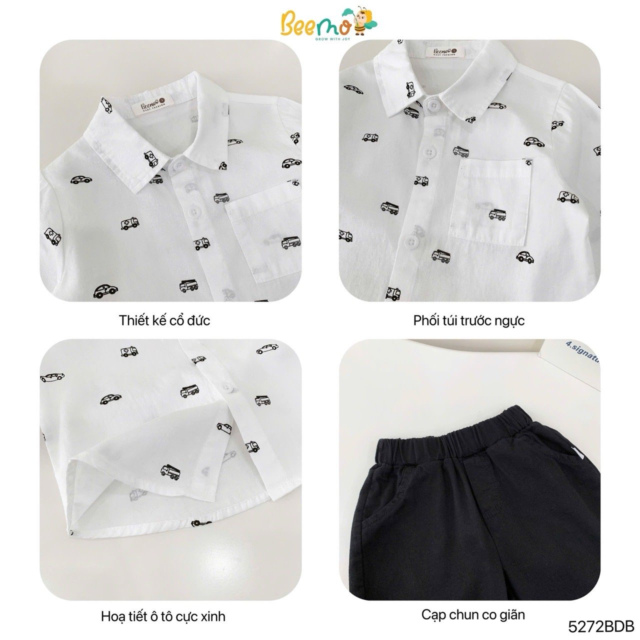 Bộ Beemo áo sơ mi ô tô in tràn + quần kaki bé trai 2 màu trắng/đen size 1-6y