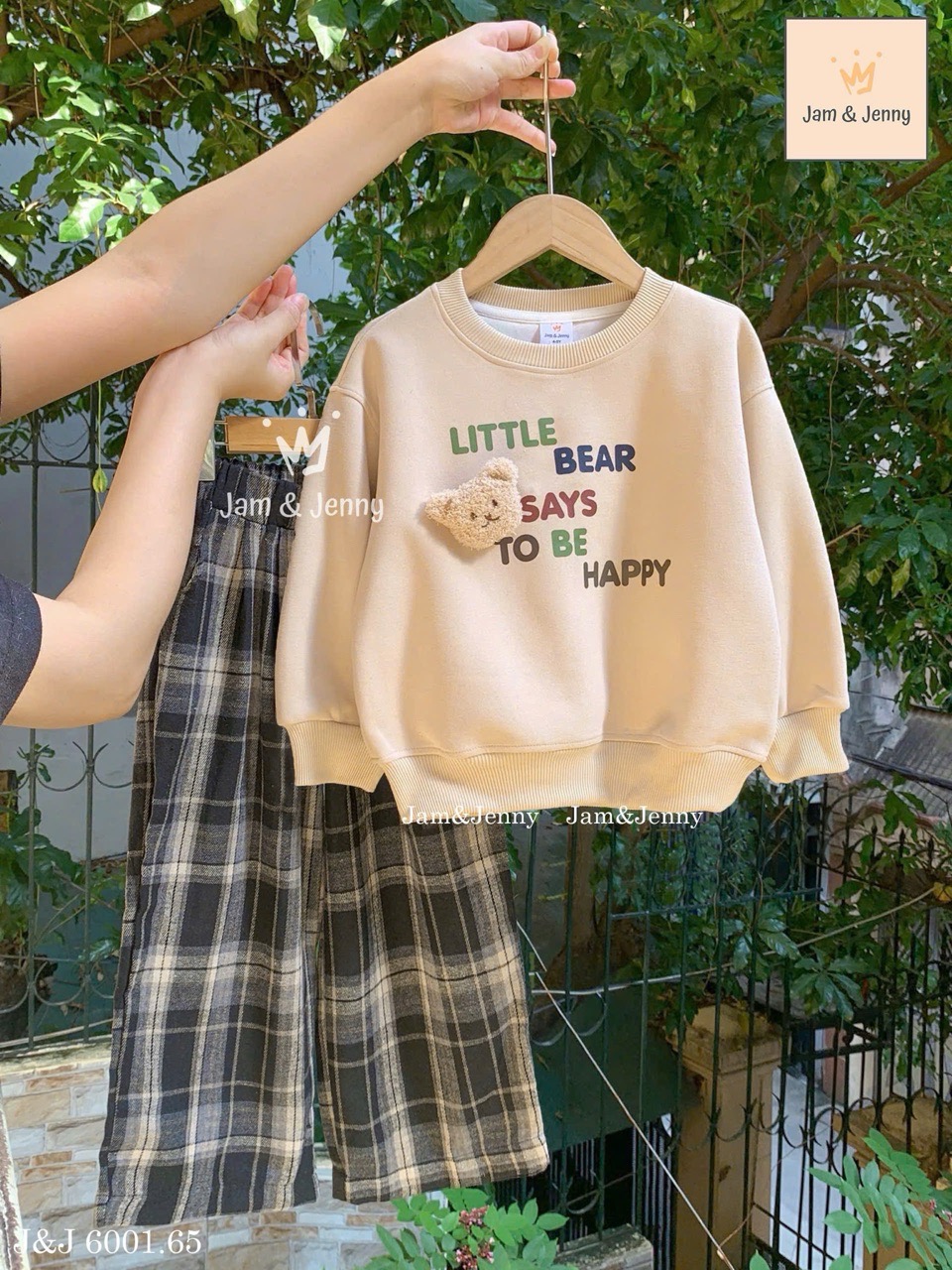 JJ 6001 - Bộ nỉ Jam & Jenny / Chohee màu nâu vintage + quần caro bé gái size 2-12y