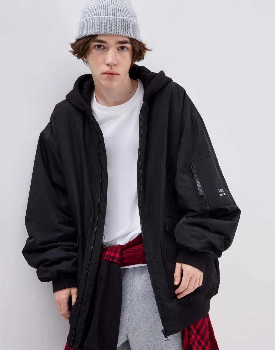 AKBT39 - Áo khoác phao bomber oversize phối mũ nỉ GGJJ dư xịn cho bé 2 màu đen/rêu size 6-14y