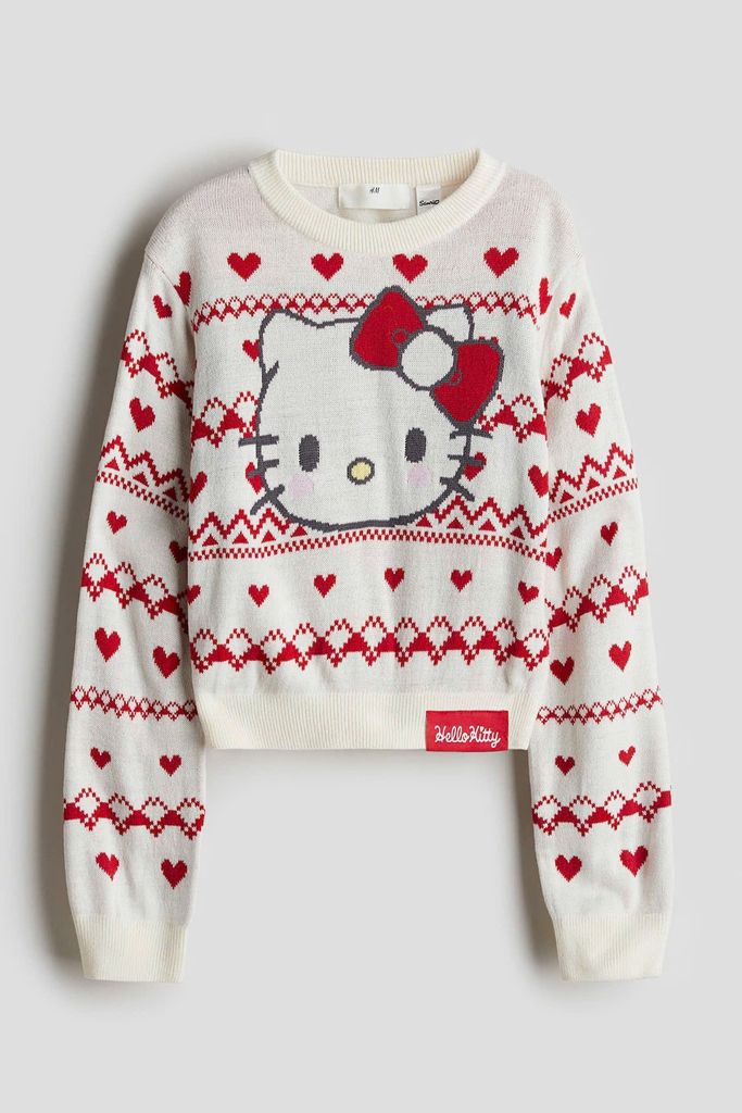 Áo len H M màu kem đỏ kitty bé gái size 8-14y