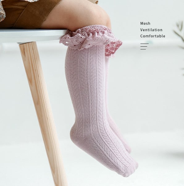 Tất len Mumudora cao tới gối viền ren 5 màu trơn