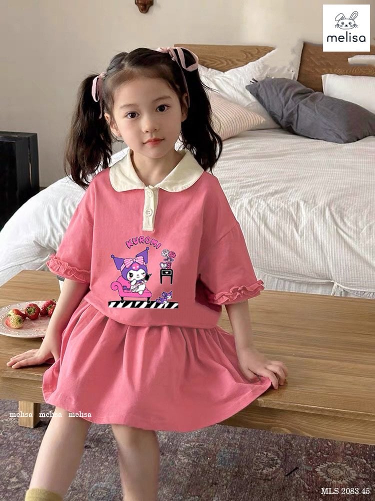 Bộ Melisa Kuromi áo Polo hồng cam cổ trắng + chân váy BG size 2-12y