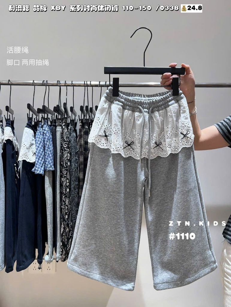 1110 - Quần nỉ QC ống suông viền ren màu ghi cho bé size 110-150