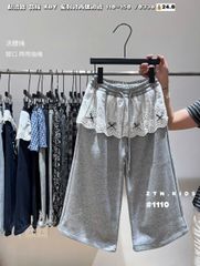 1110 - Quần nỉ QC ống suông viền ren màu ghi cho bé size 110-150