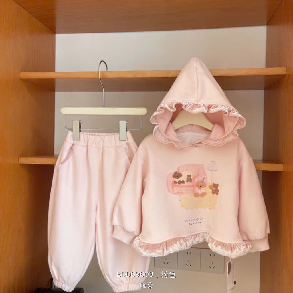 BQD69603 - Set bộ nỉ mũ gấu hồng cho bé gái size 80-120