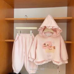 BQD69603 - Set bộ nỉ mũ gấu hồng cho bé gái size 80-120