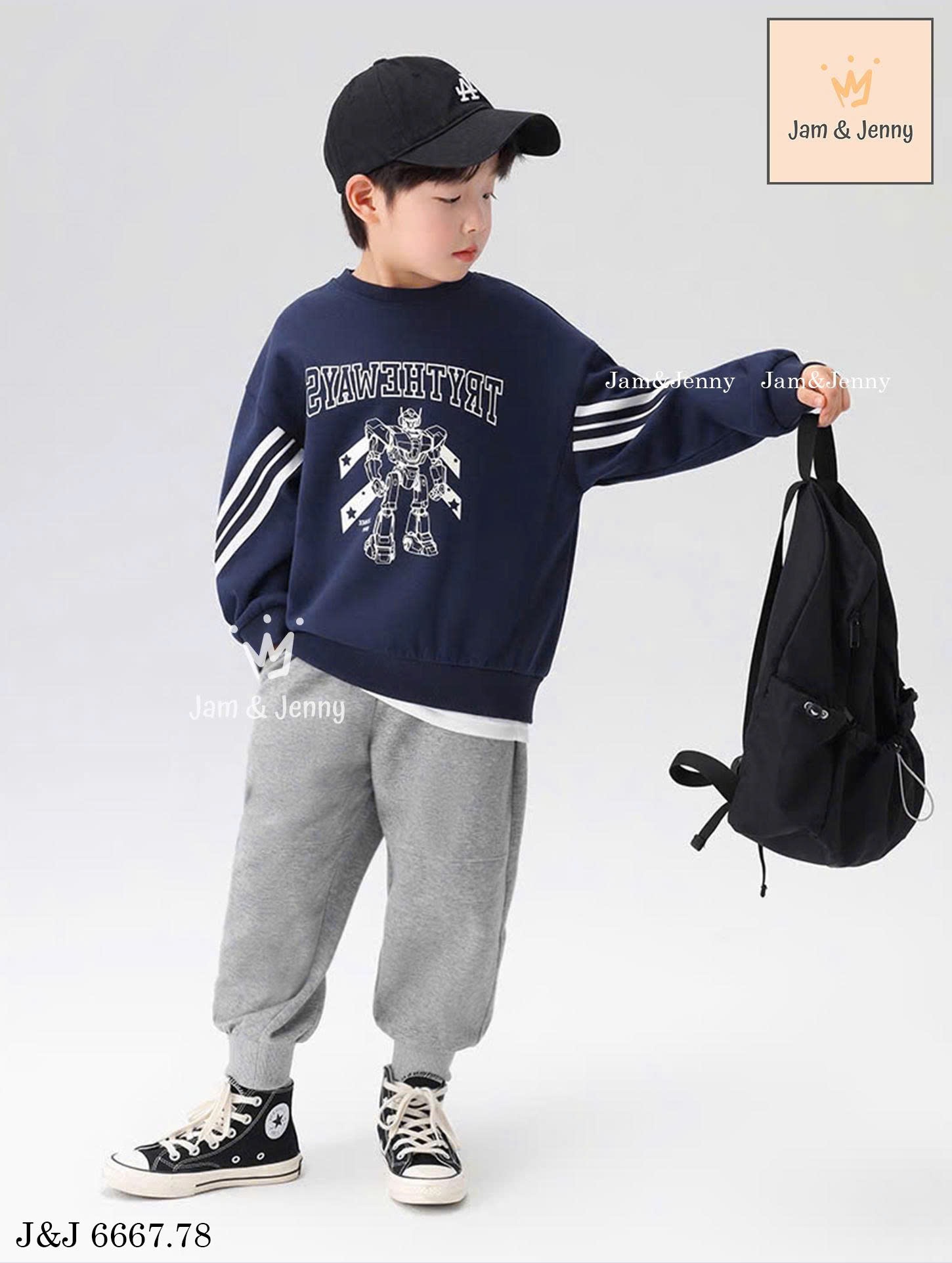 JJ 6667 - Bộ nỉ hai da Jam & Jenny áo navy robot + quần ghi bé trai size 2-12y