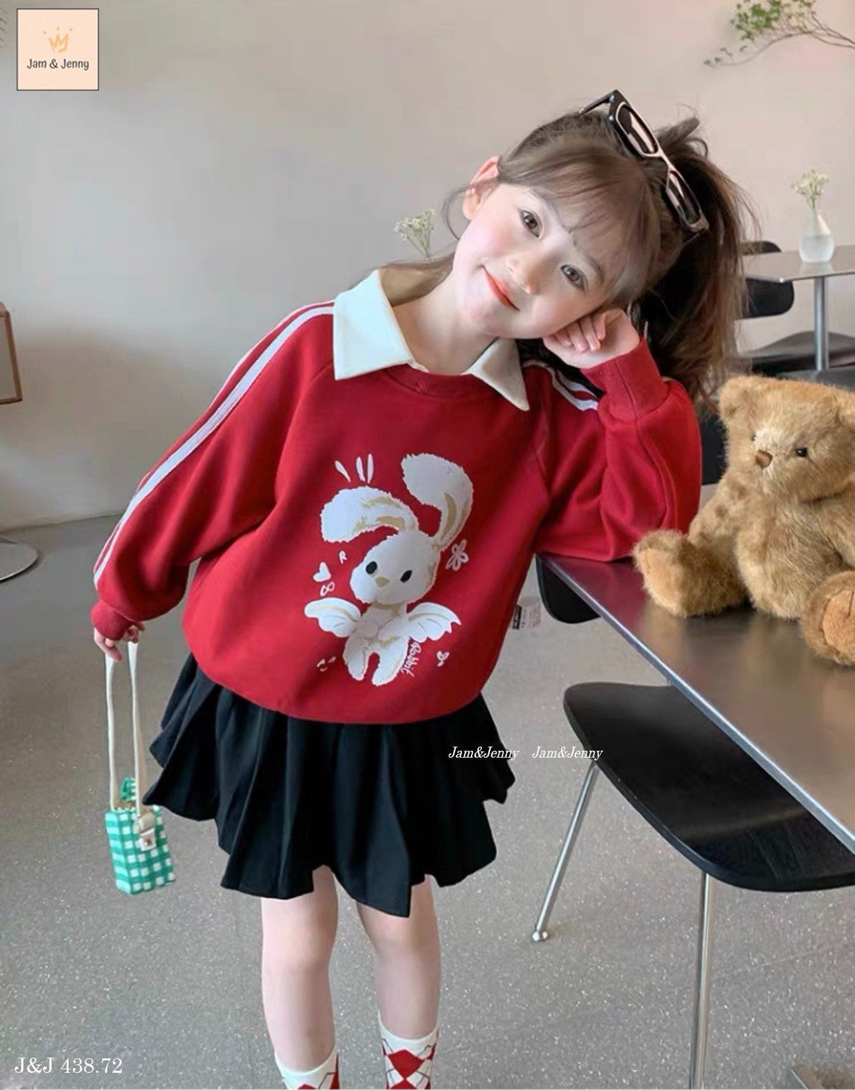 Set Jam&Jenny áo nỉ polo đỏ hình thỏ - chân váy xếp li liền quần đen size 2 - 12y
