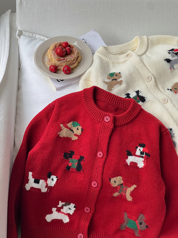 Cardigan len AMBB hoạ tiết cún 2 màu đỏ/kem bé gái size 90-160