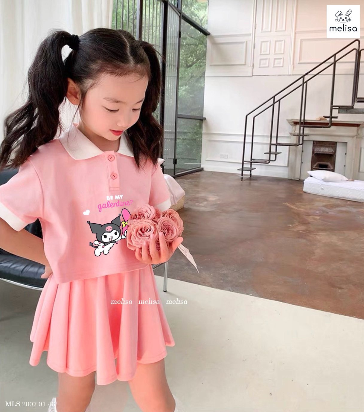 Set bộ Melisa áo polo croptop Kuromi - chân váy liền quần size 2-12y
