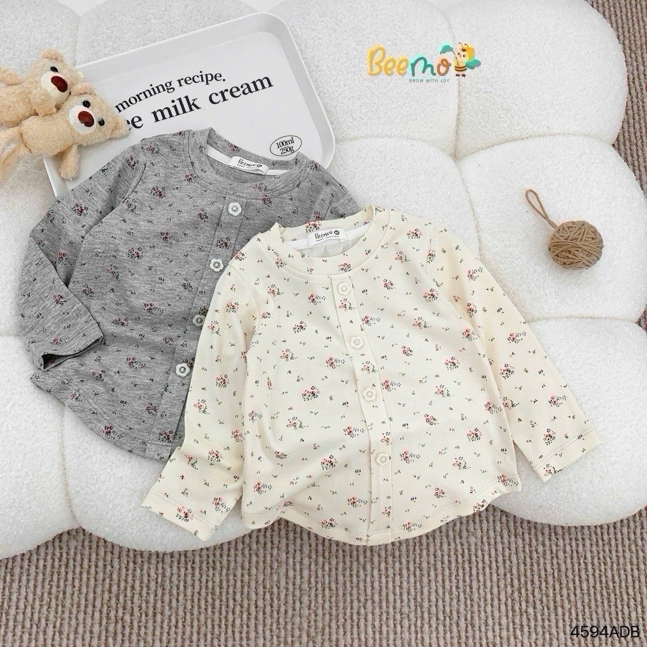 Áo thun Beemo hoa nhí 2 màu kem/ghi bé gái size 80-130
