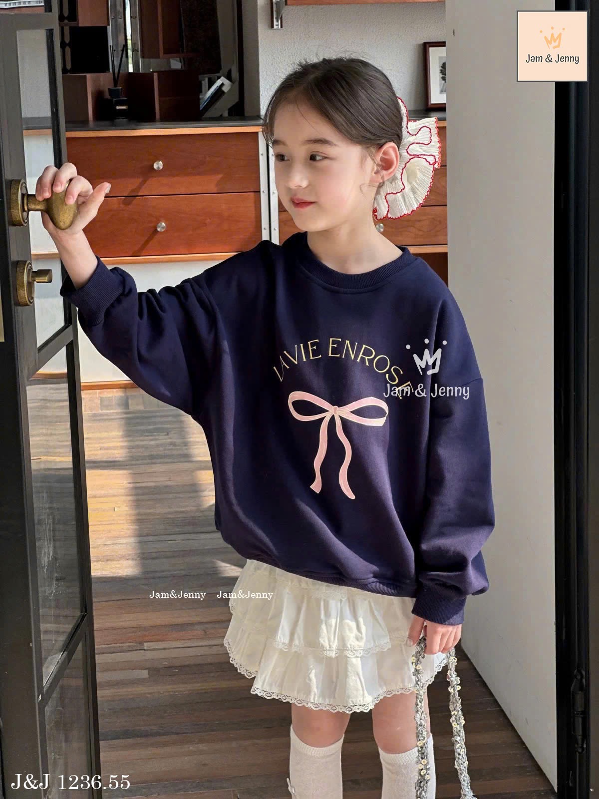 JJ 1236 - Set bộ Jam & Jenny áo nỉ da cá navy nơ + chân váy trắng size 2-12y