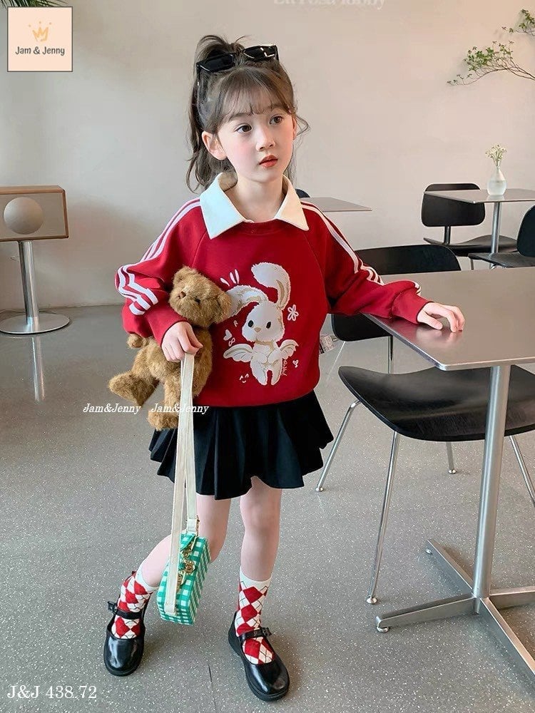 Set Jam&Jenny áo nỉ polo đỏ hình thỏ - chân váy xếp li liền quần đen size 2 - 12y