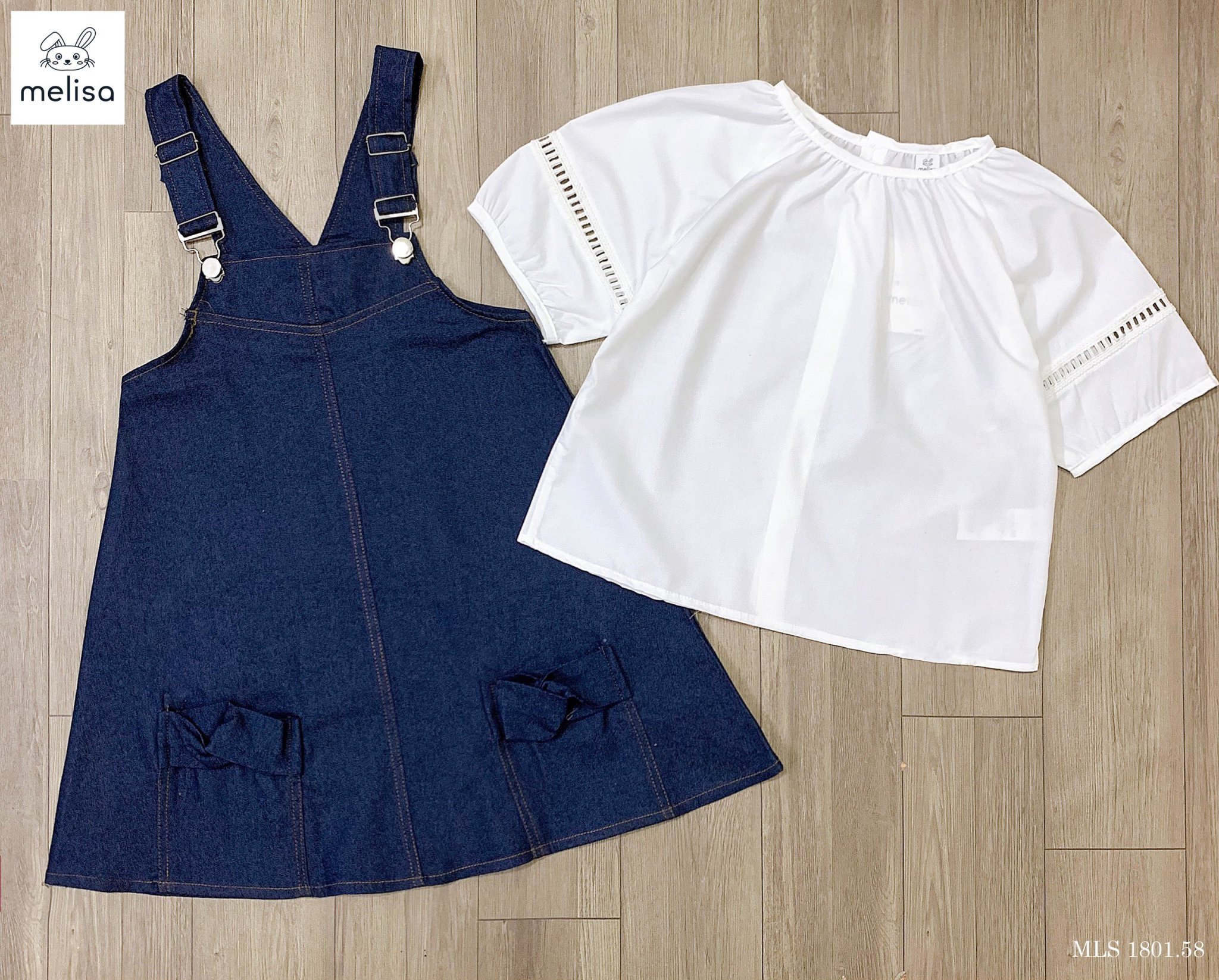 Set Melisa áo thô trắng - váy yếm jean xanh size 2 - 12y