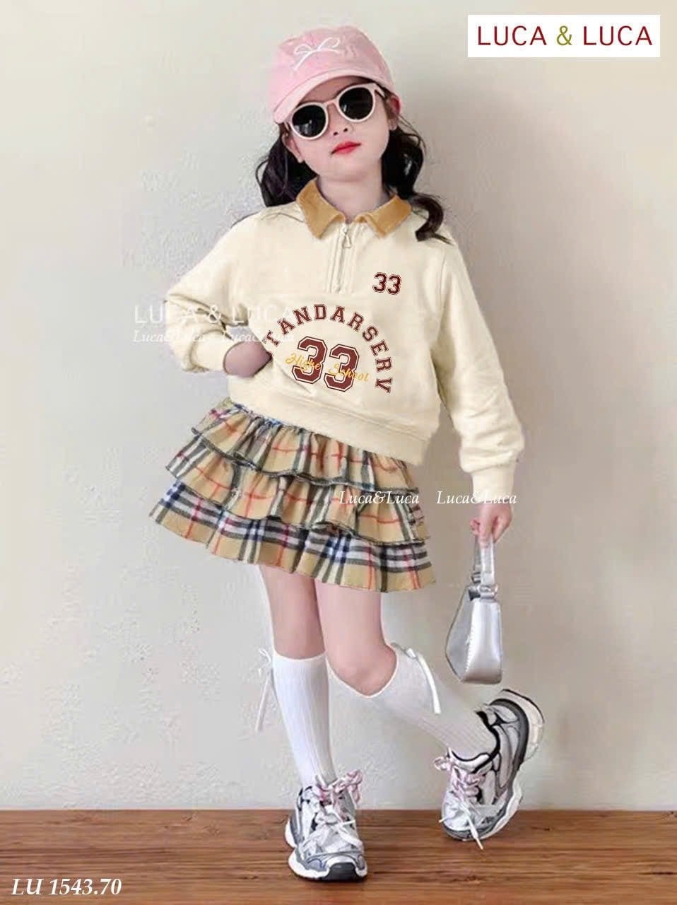 LU 1543 - Bộ LUCA áo be cổ đức + chân váy kẻ BBR liền quần bé gái size 2-12y