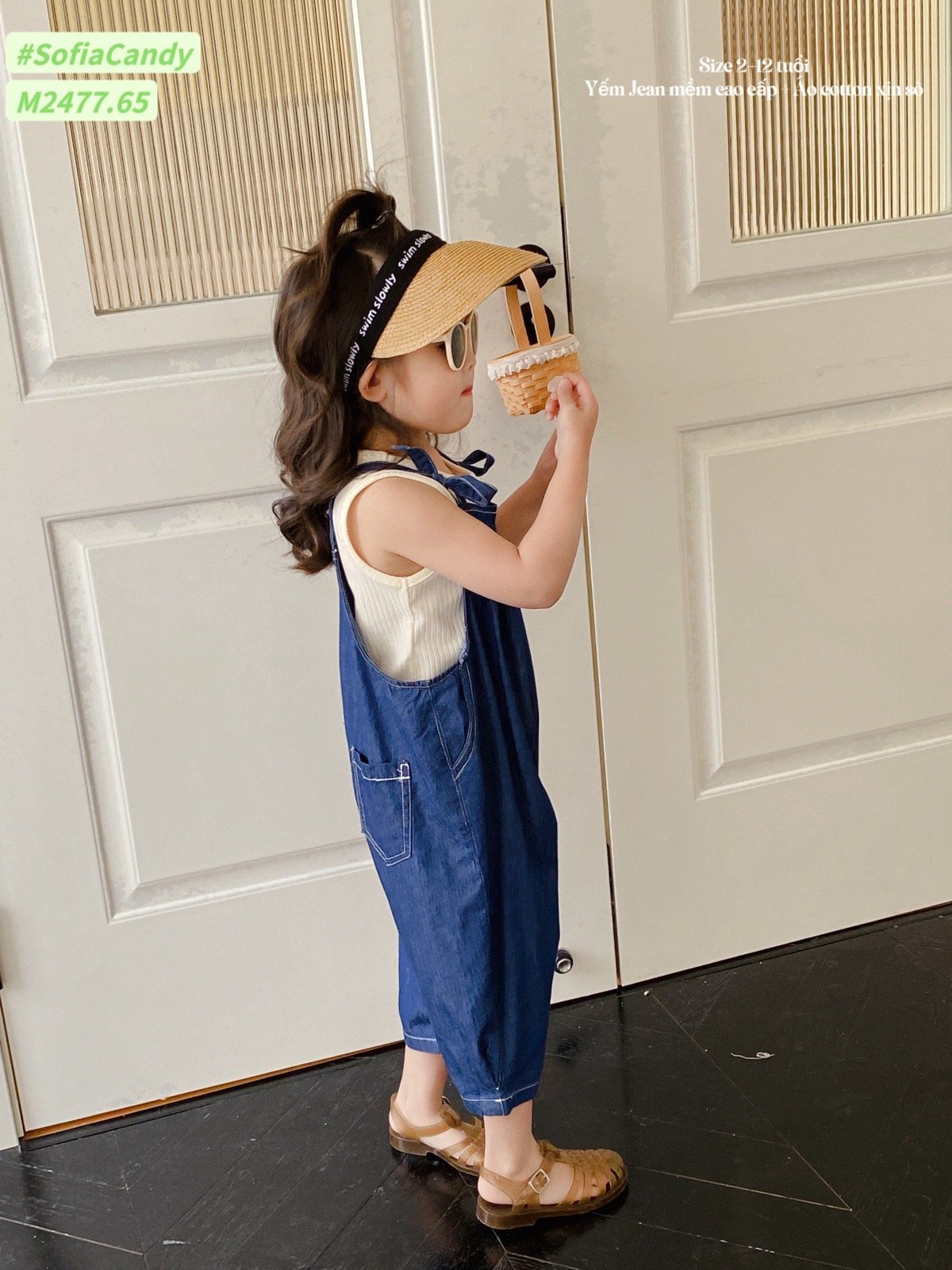 Set Mia Kids yếm xanh jeans phối áo ba lỗ trắng thun tăm size 1 - 10y