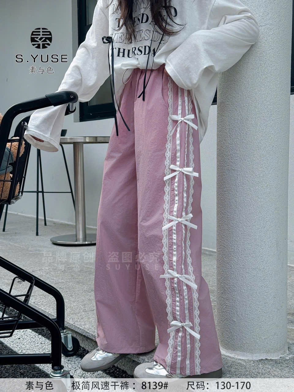 SYS8139 - Quần gió sọc ren nơ màu hồng cho bé size 130-170