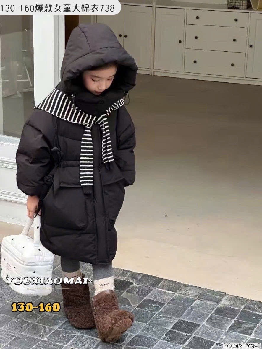 Áo khoác phao dáng dài lót nỉ kèm khăn nhiều màu cho bé size 130-160