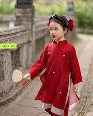 ADCH135 - Áo dài Oli River màu đỏ 2 tà đính hoa nổi bé gái size 3-12y