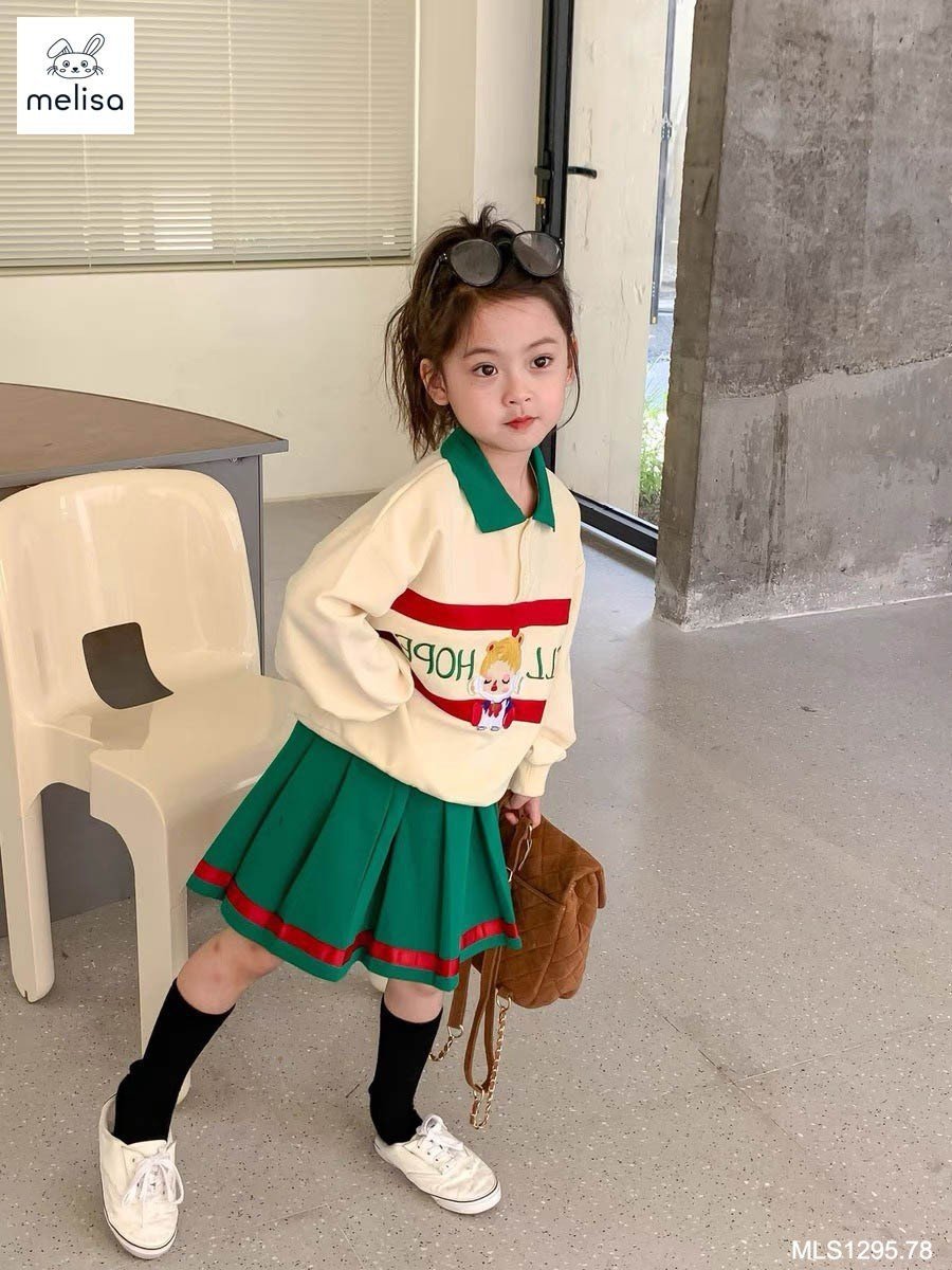 Set da cá Melisa áo kem phối xanh lá Well Hope + chân váy xanh lá size 2 - 12y