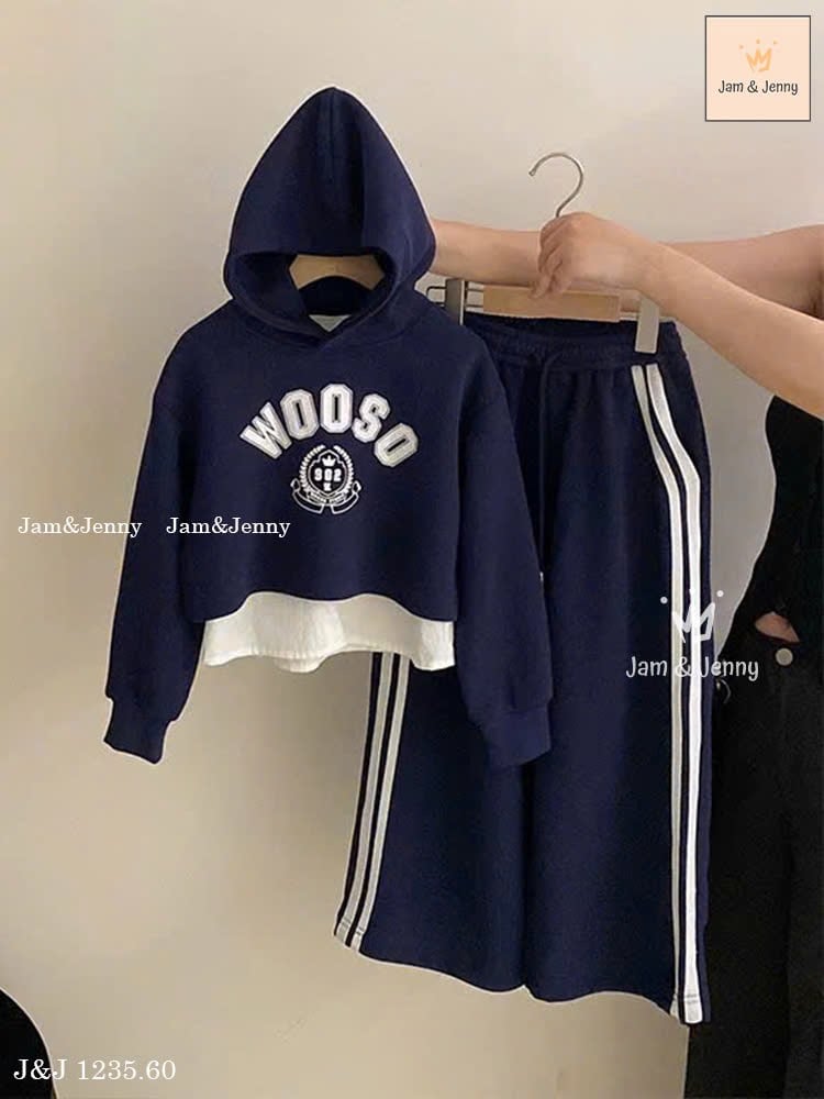 JJ 1235 - Bộ nỉ Jam & jenny hoodie WooSo xanh phối vạt trắng size 2-12y