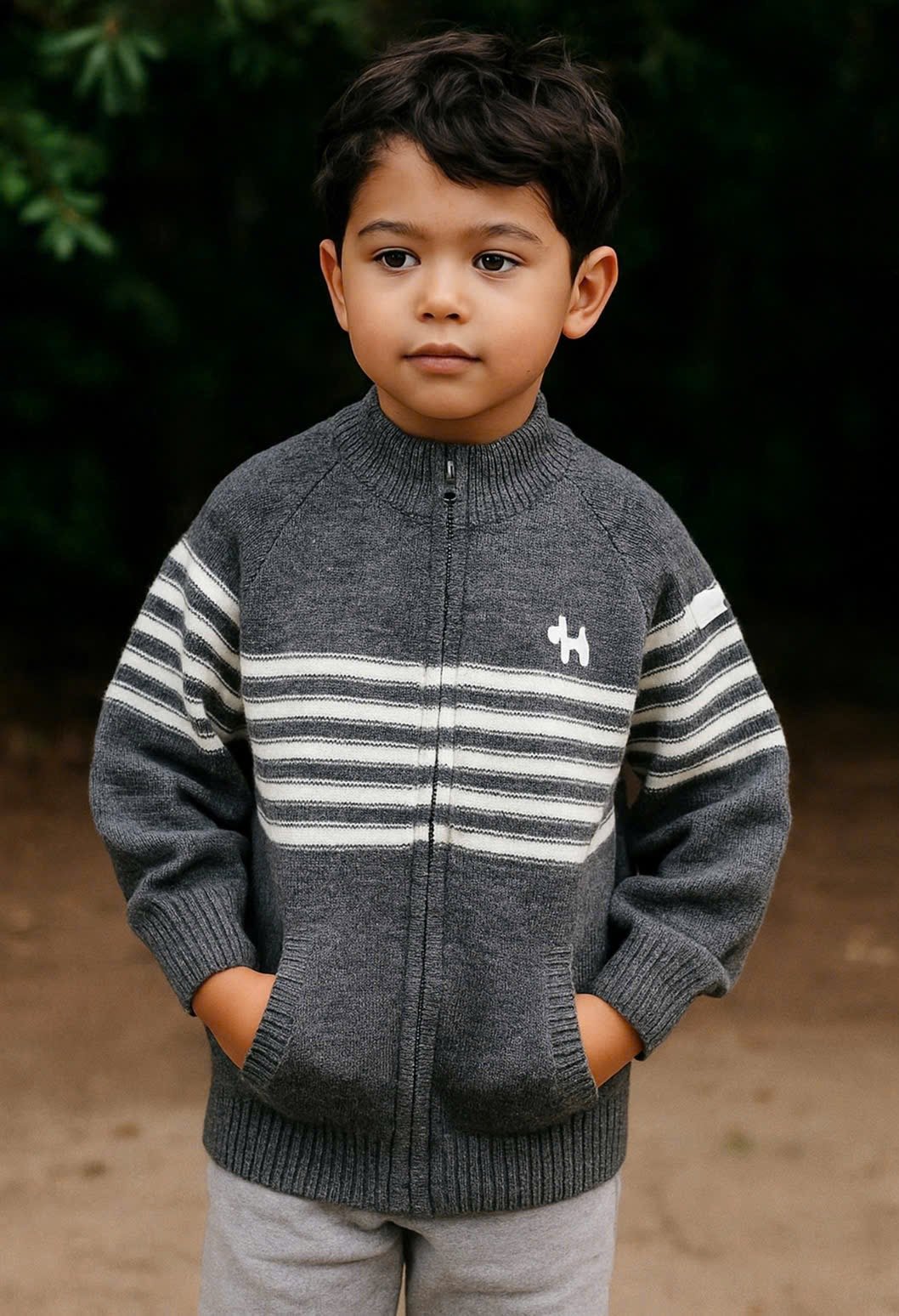 Áo khoác cardigan len QC kẻ sọc thêu cún nhiều màu cho bé trai size 110-150