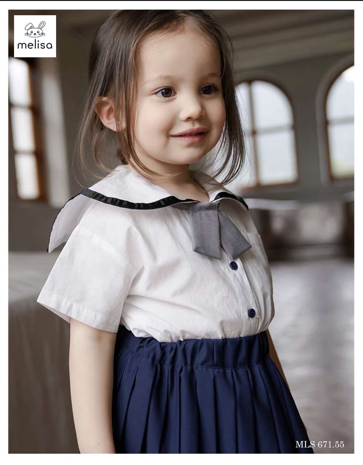 Set thô Melisa áo trắng kèm cavat - chân váy liền quần màu navy size 2 - 11y