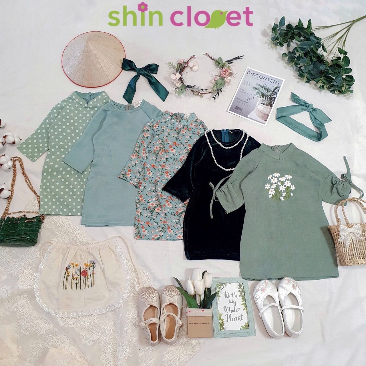 [1-5] Áo dài shin closet bé gái - linen thêu tay - xanh