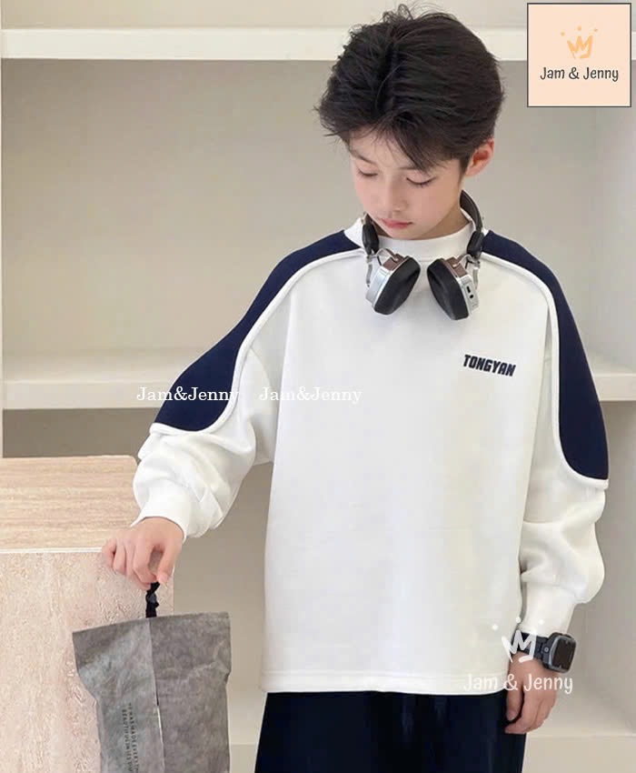 JJ 5989 - Bộ nỉ hai da Jam & Jenny áo trắng in 2 mặt + quần đen bé trai size 6-12y