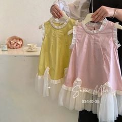S3440 - Váy Sara Min thô cotton mix chân ren mềm 2 màu hồng/xanh bơ bé gái size 2-12y