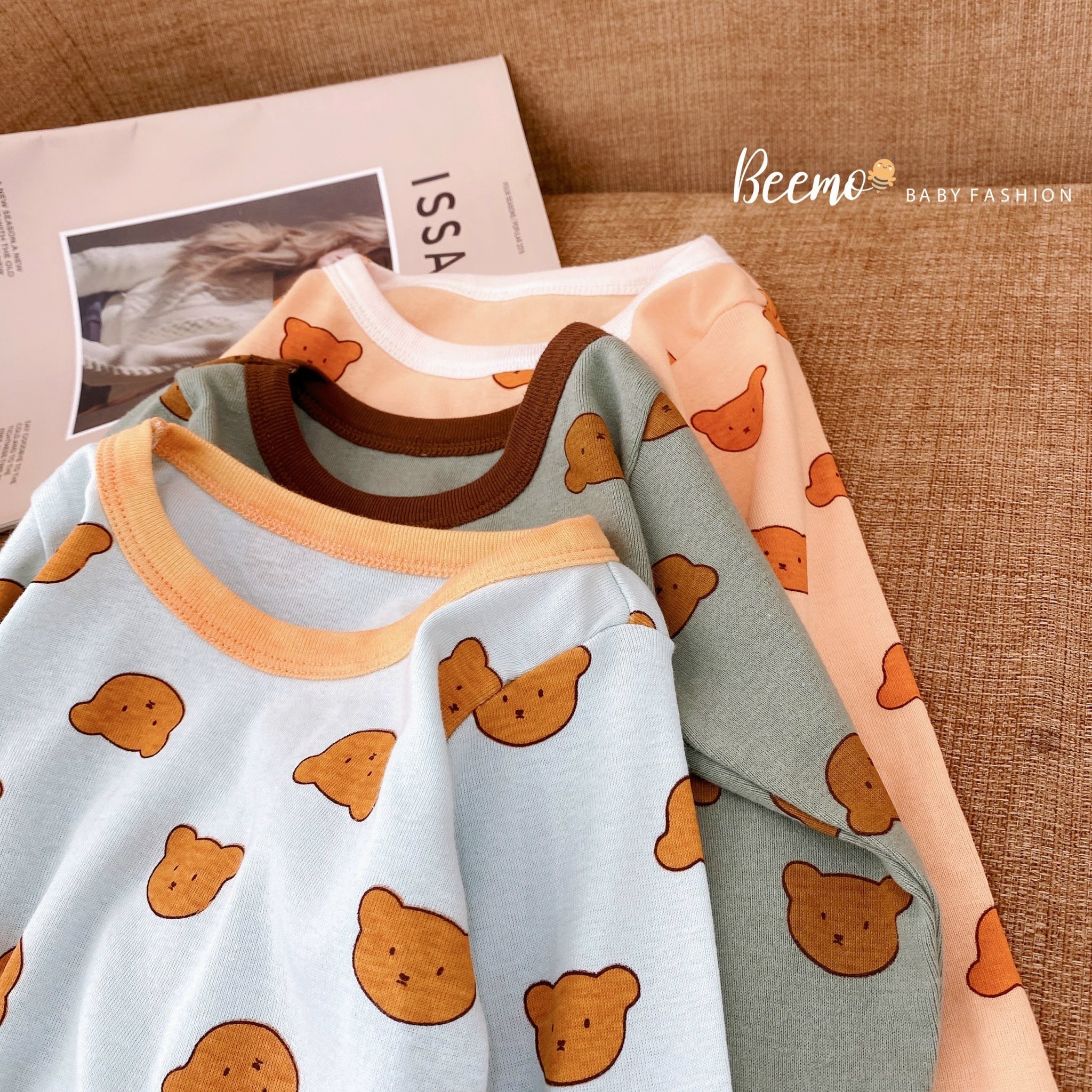 Bộ cotton Beemo hình mặt gấu in tràn 3 màu size 80 - 130