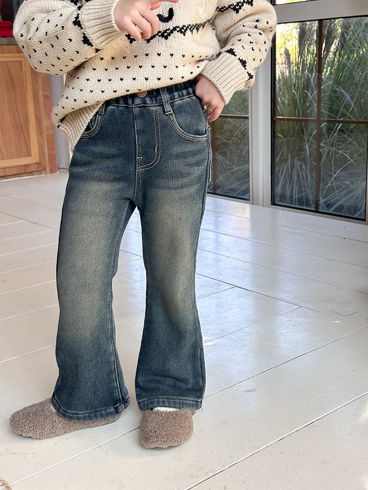 Quần jean Ambb mềm lót nỉ ống loe màu xanh đậm bé gái size 110-160