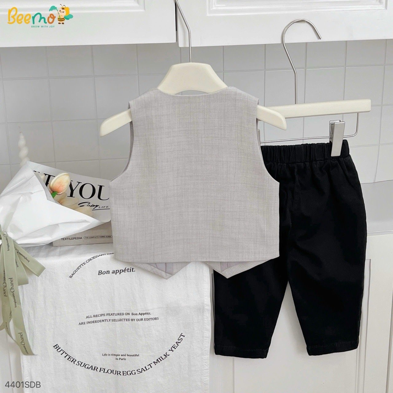 Bộ gile vest 4ct Beemo mặc sự kiện màu be cho bé trai size 80-130